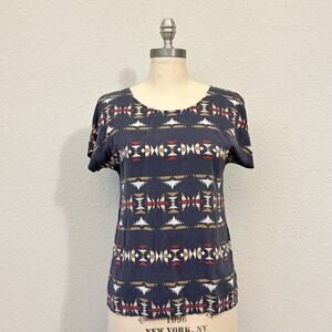 PENDLETON Portland Collection Top Navy Blue Silk Aztec Southwestern